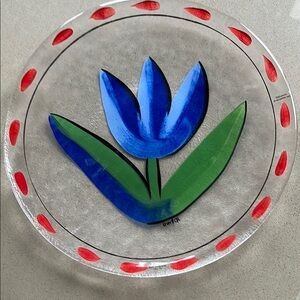 KOSTA Blue and Green Glass Art with Stylized Flower Design